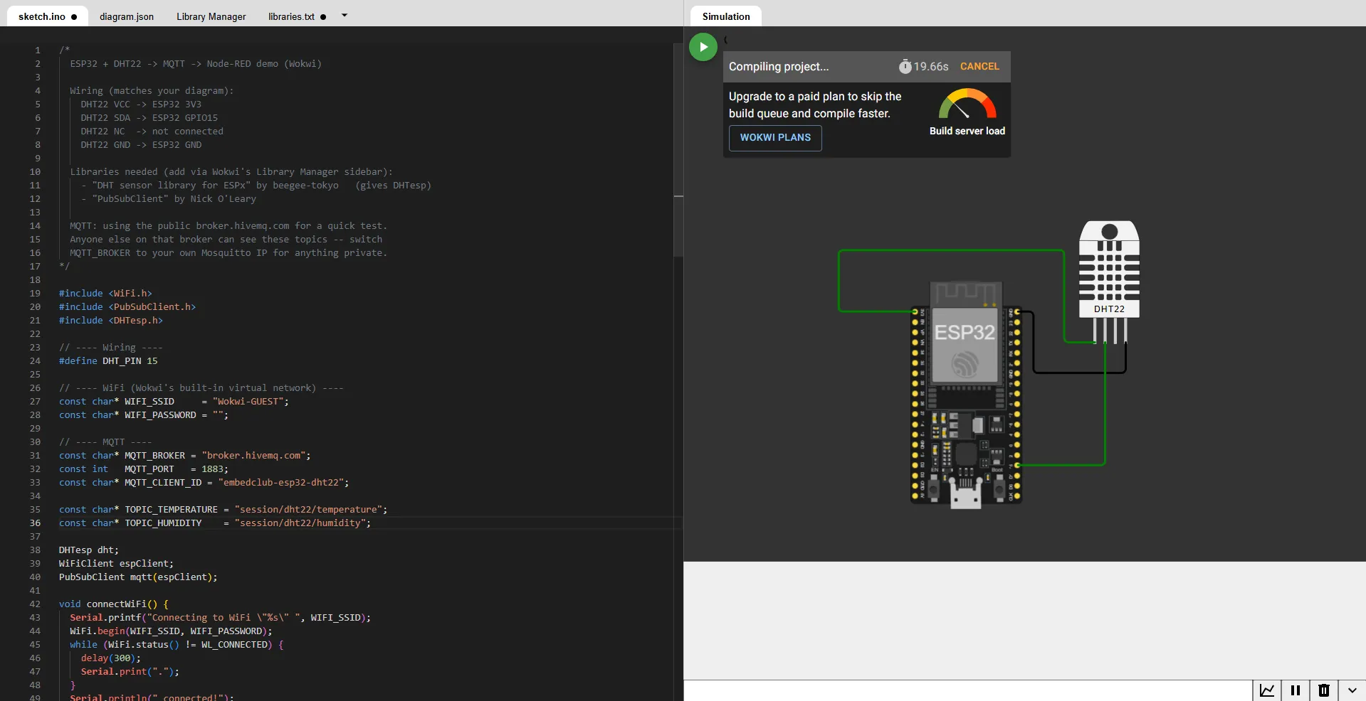 Compiling. A build that sits here for a minute is normal, and the upgrade prompt can be ignored.
