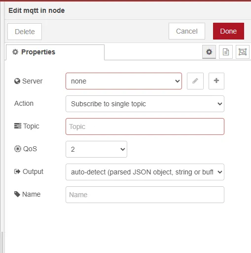 The red outline on Topic is the node telling you it needs a value.