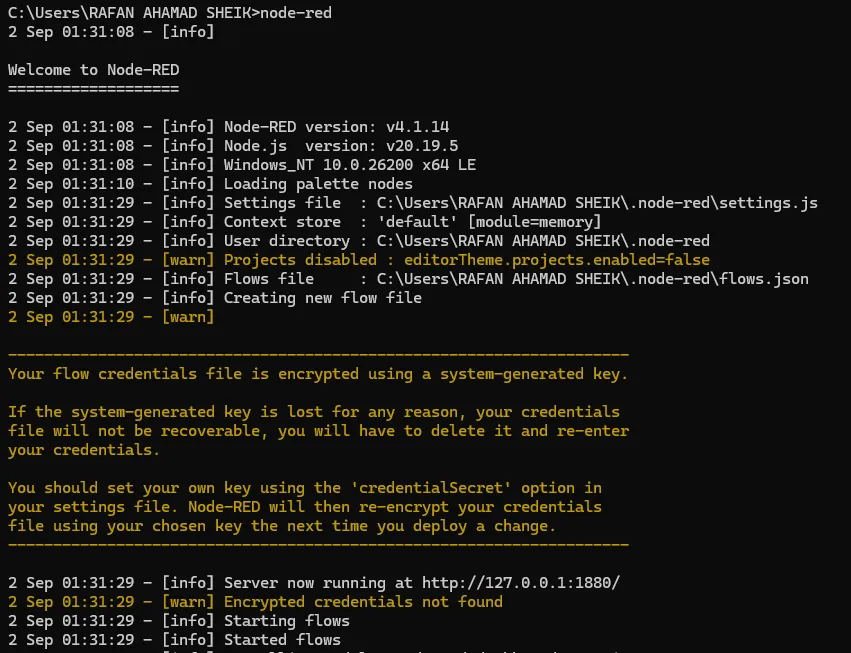 The line to look for is "Server now running at http://127.0.0.1:1880/". Leave this terminal open, because closing it stops Node-RED.