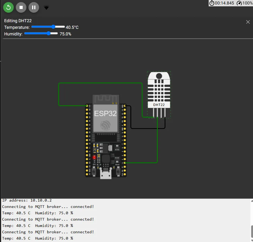 Sliders at 40.5 C and 75%, and the serial monitor reporting the same values going out to the broker.