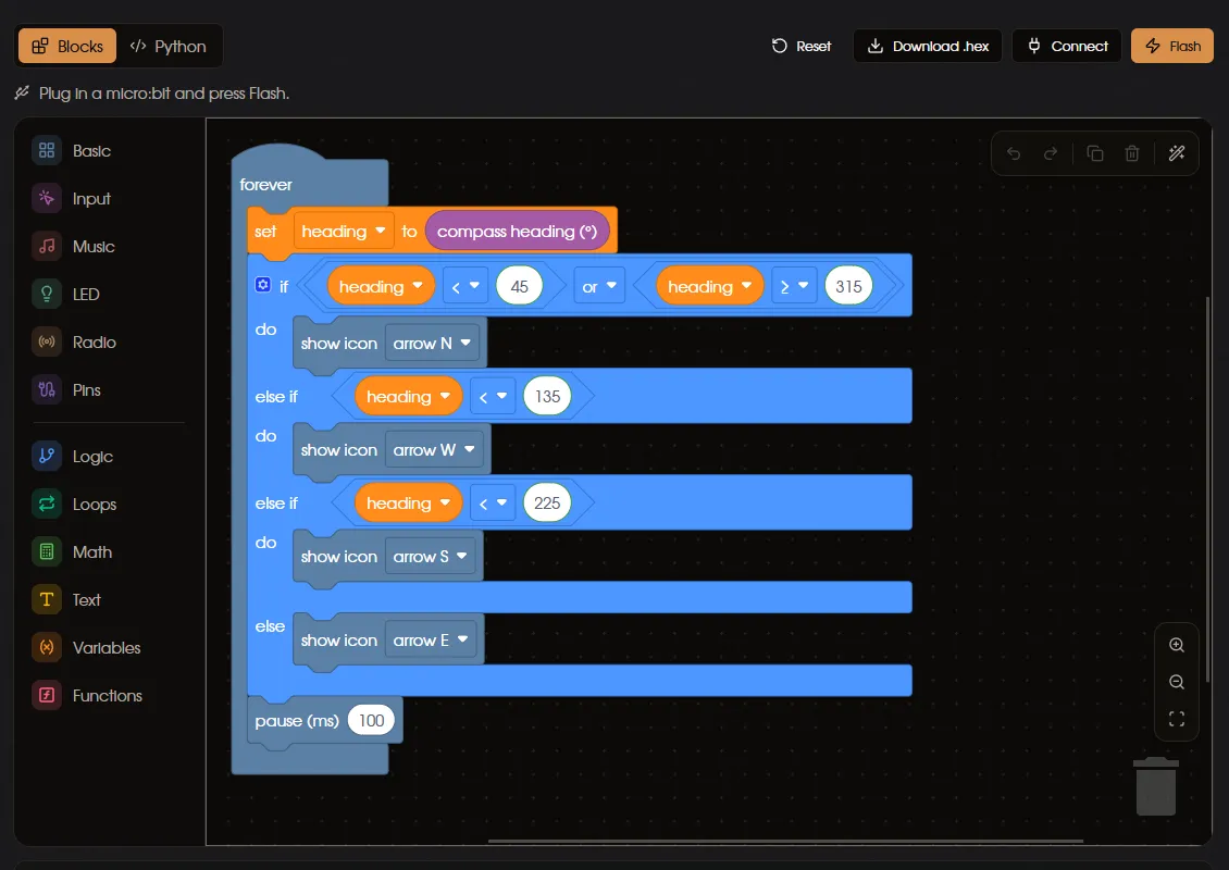 The Compass example open in the blocks editor