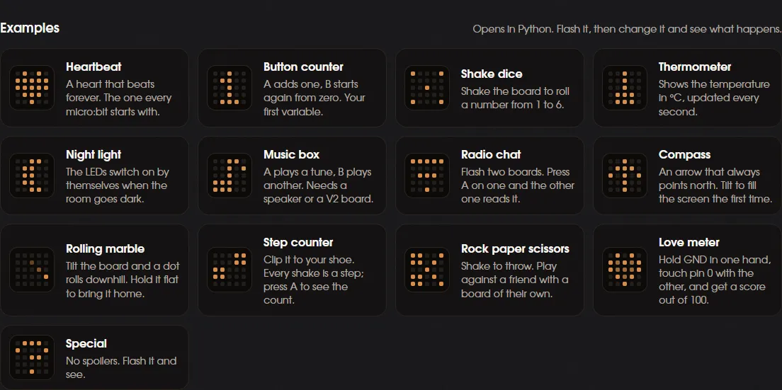 The examples under the micro:bit editor