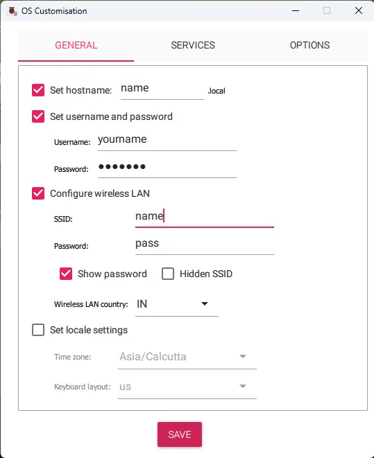 The OS customisation dialog - General tab
