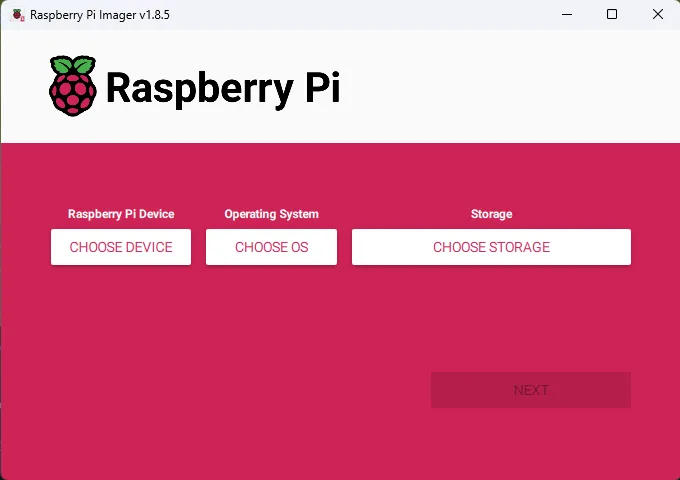 Raspberry Pi Imager - Choose Device, OS, and Storage