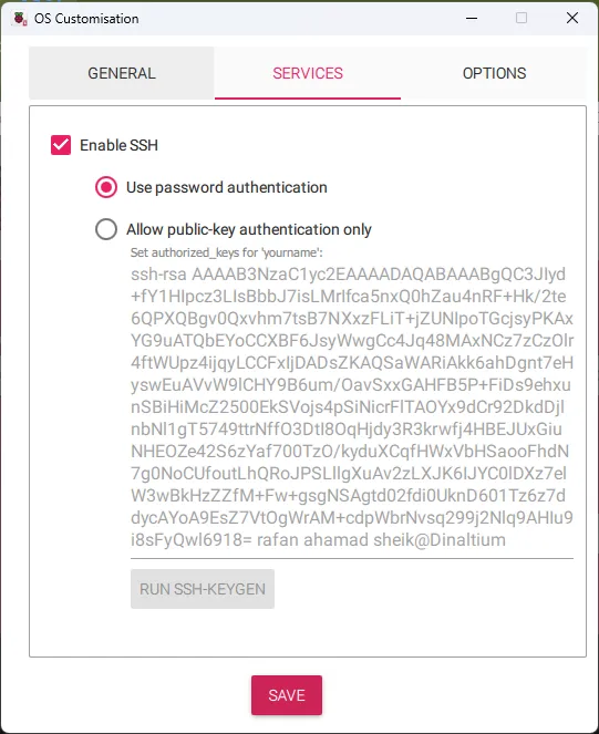 Enabling SSH on the Services tab